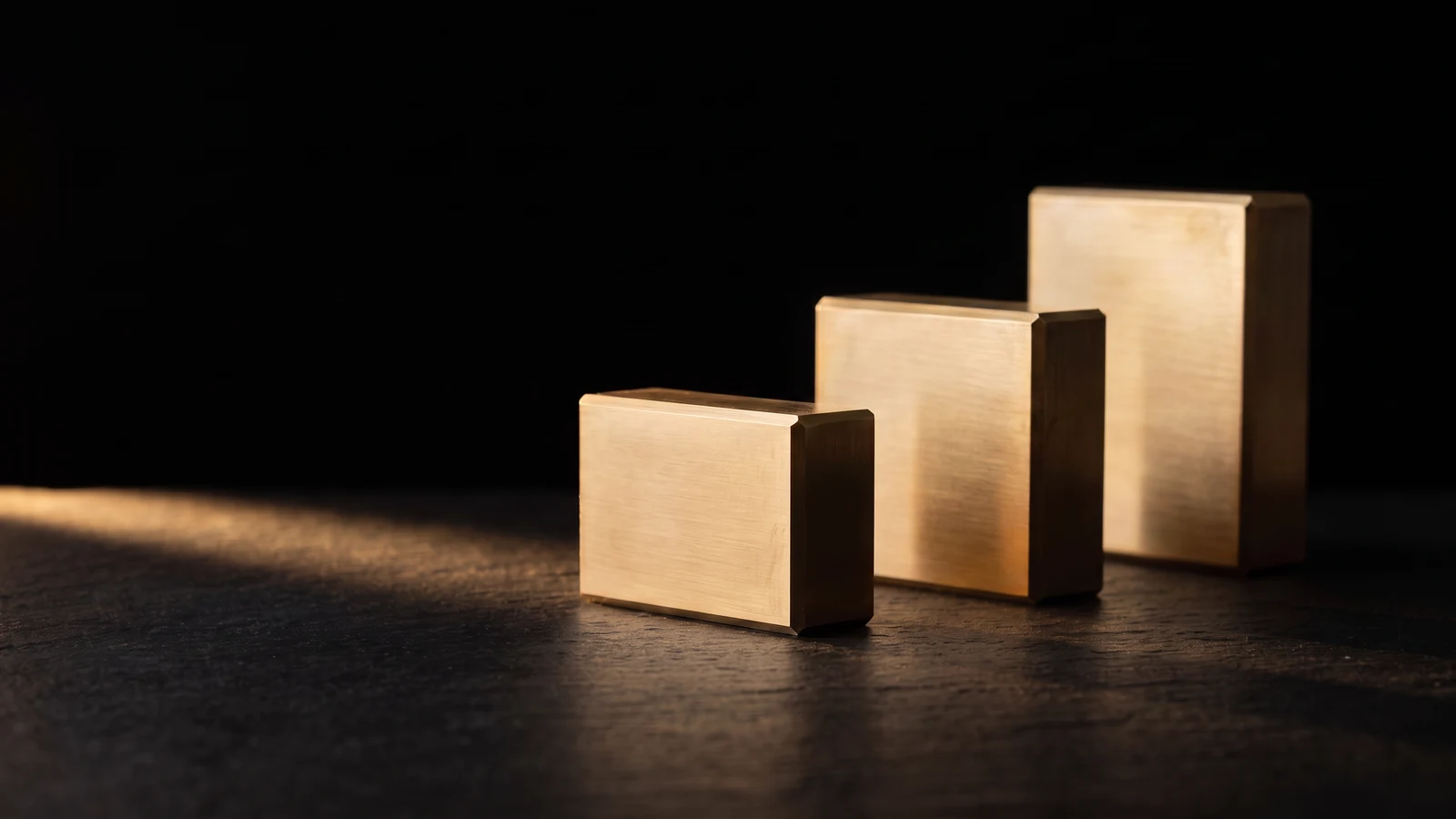 The same three brass blocks, each one taller than the one in front of it.