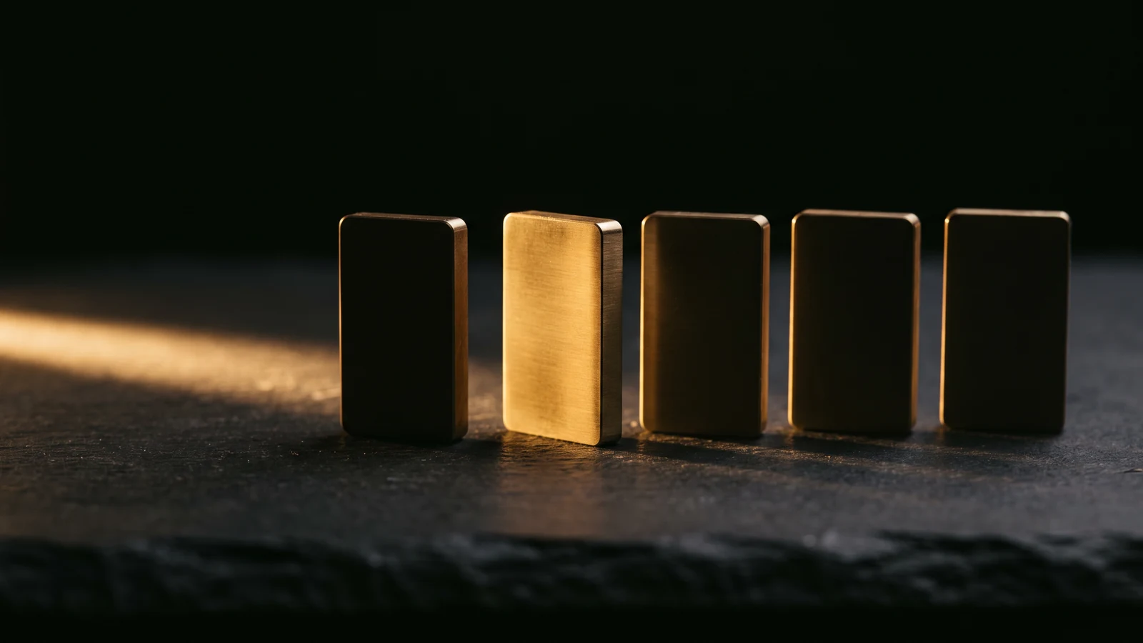 Five identical brass blanks standing in a row on black stone, with the raking light reaching only one of them.
